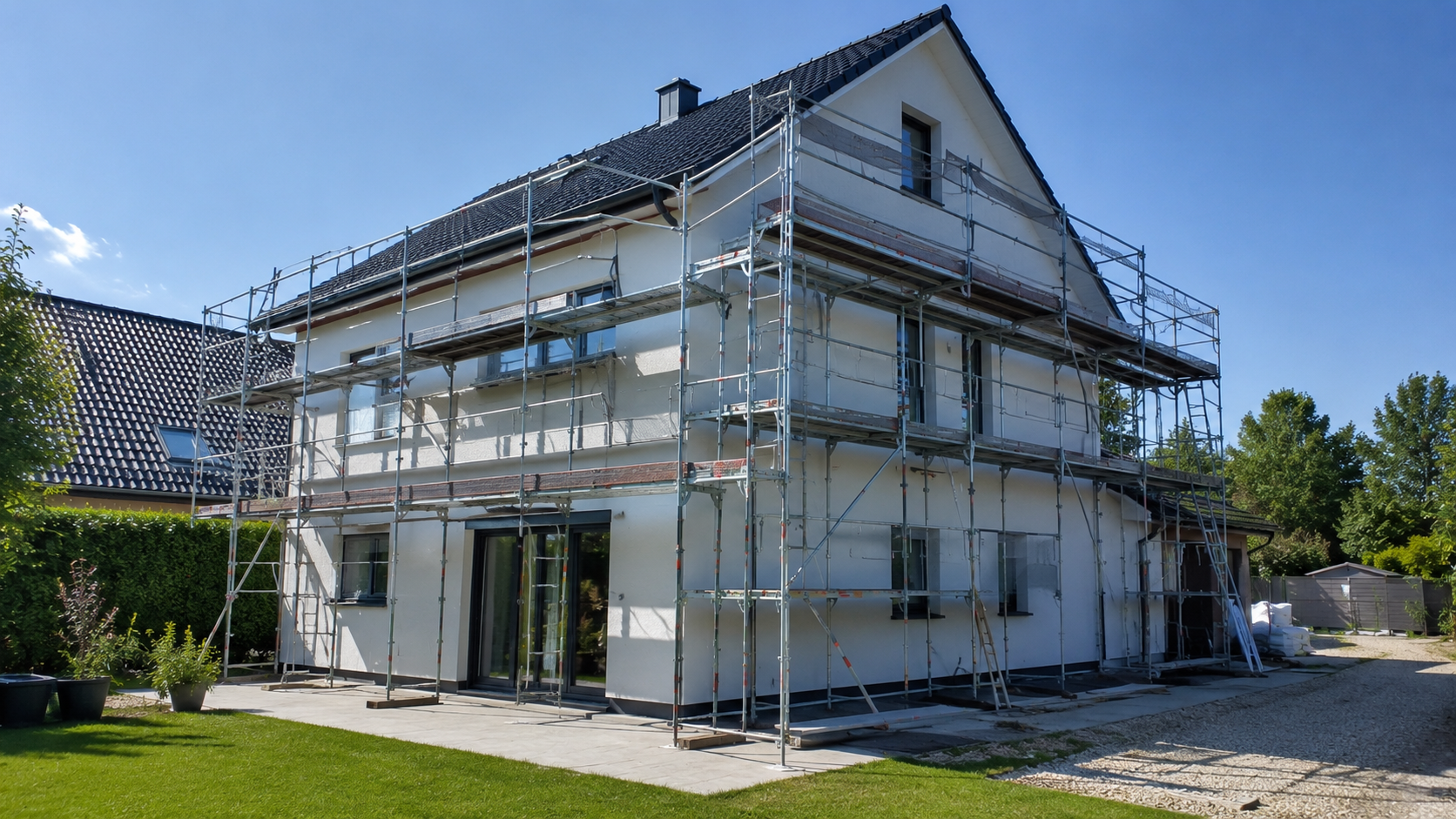 Gerüst an einem Wohnhaus in Böblingen mit freiem Zugangsbereich